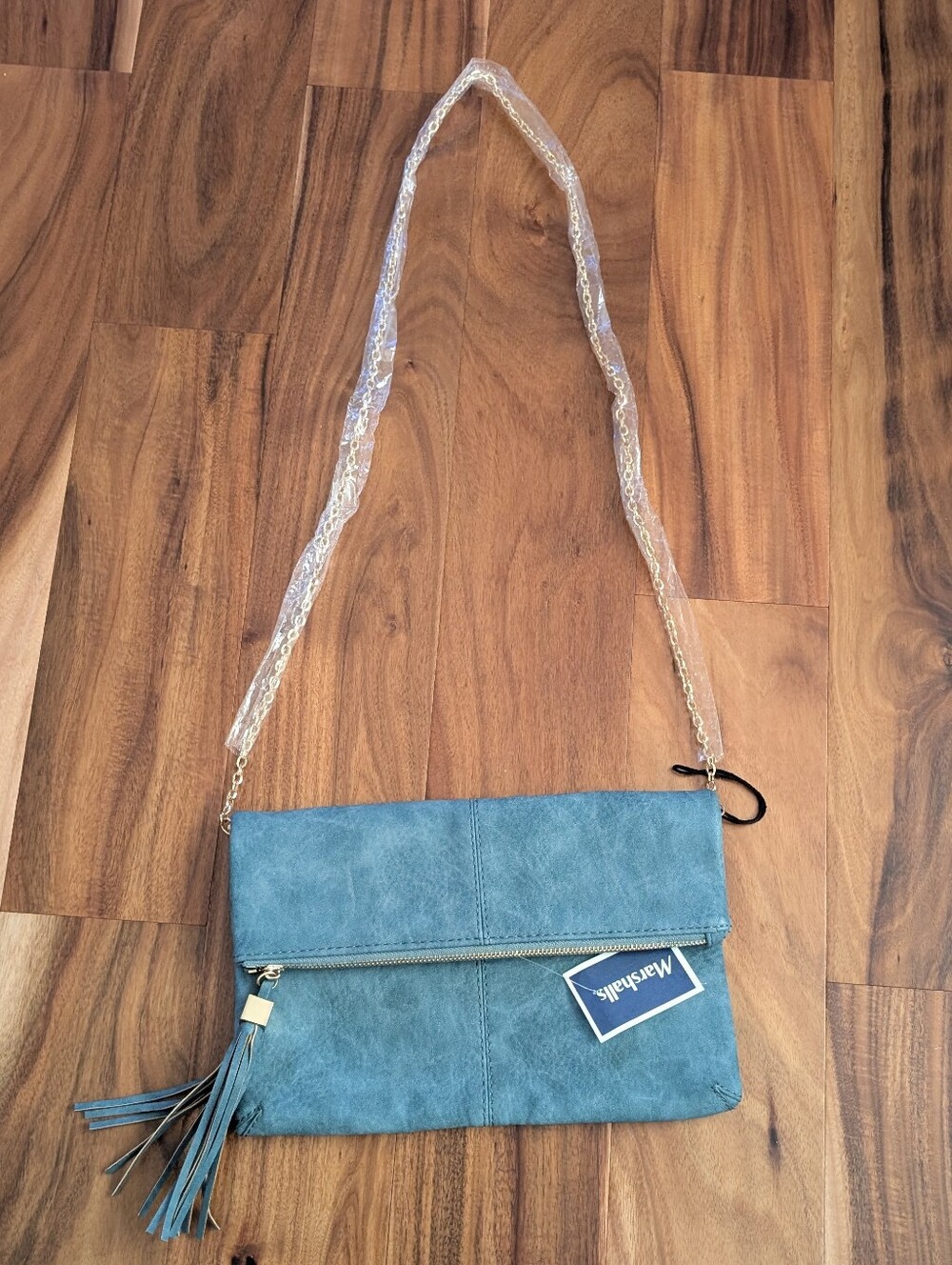 NWT Moda Luxe Crossbody Bag Vegan Leather Light Blue with Gold Chain